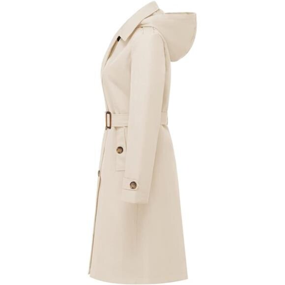 Women's Double Breasted Long Trench Coats Mid-Length Belted with Detachable Hood - Picture 4 of 10